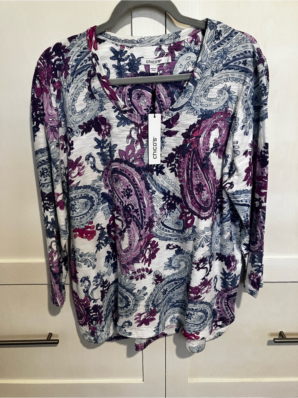Chico's White 3/4-Sleeve Paisley Top with Purple and Blue Prints, XL